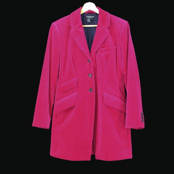 J Peterman Velvet Jacket Riding Coat Long 3 Button Equestrian Tailored Fuschia - Picture 7 of 9